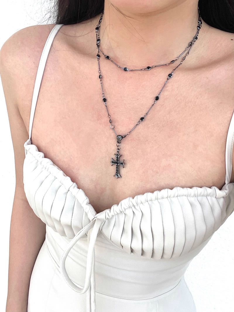 Dark Double Layer Cross Pendant Subculture Choker Necklace
 [ID:0038AC]