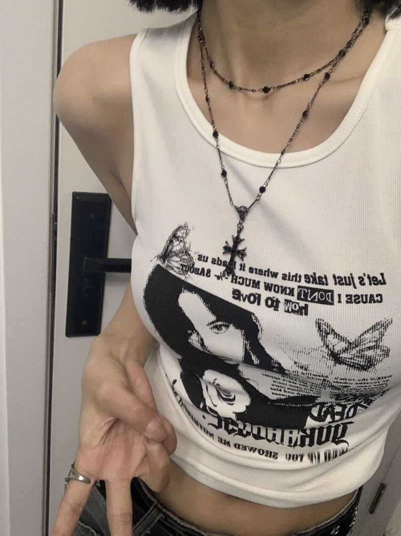 Dark Double Layer Cross Pendant Subculture Choker Necklace
 [ID:0038AC]