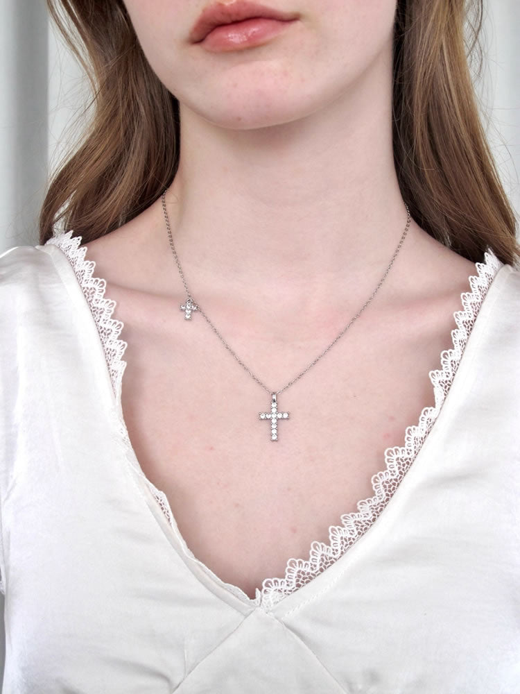 Minimalist Rhinestone Gothic Cross Pendant Layered Necklace
 [ID:0039AC]