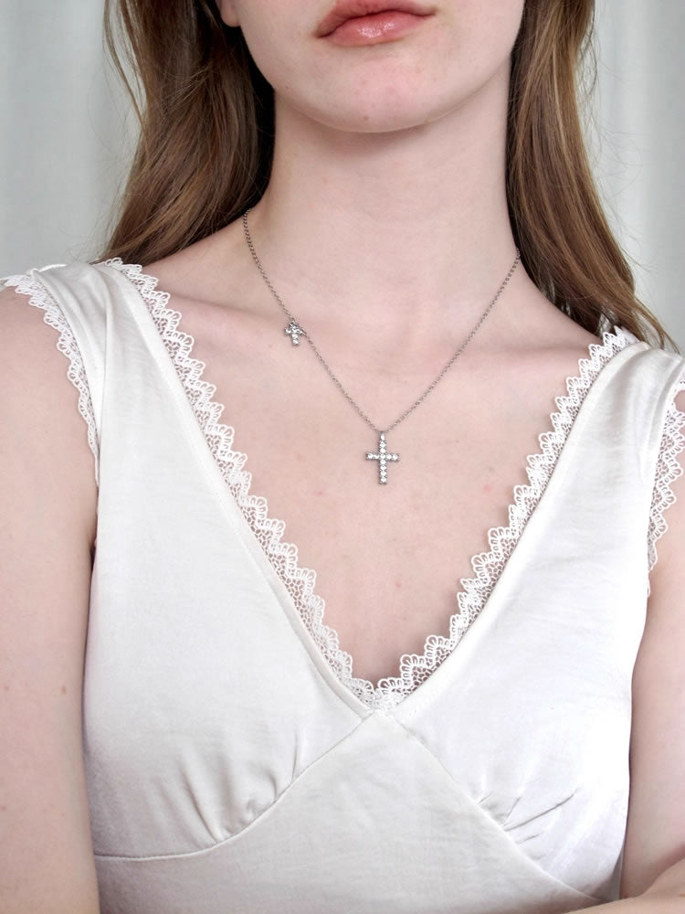 Minimalist Rhinestone Gothic Cross Pendant Layered Necklace
 [ID:0039AC]