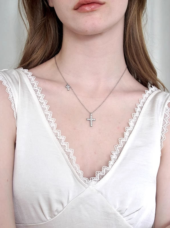 Minimalist Rhinestone Gothic Cross Pendant Layered Necklace
 [ID:0039AC]