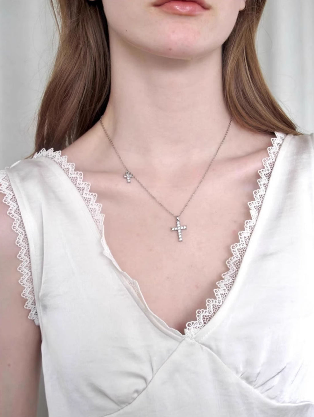 Minimalist Rhinestone Gothic Cross Pendant Layered Necklace
 [ID:0039AC]
