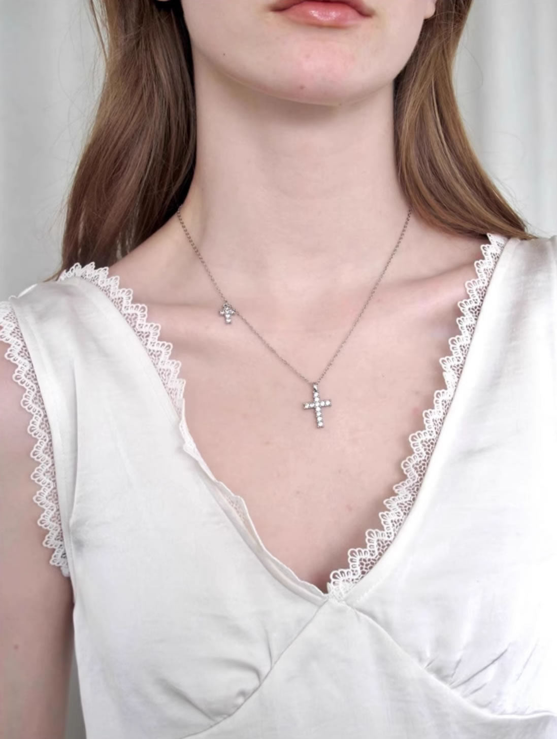 Minimalist Rhinestone Gothic Cross Pendant Layered Necklace
 [ID:0039AC]