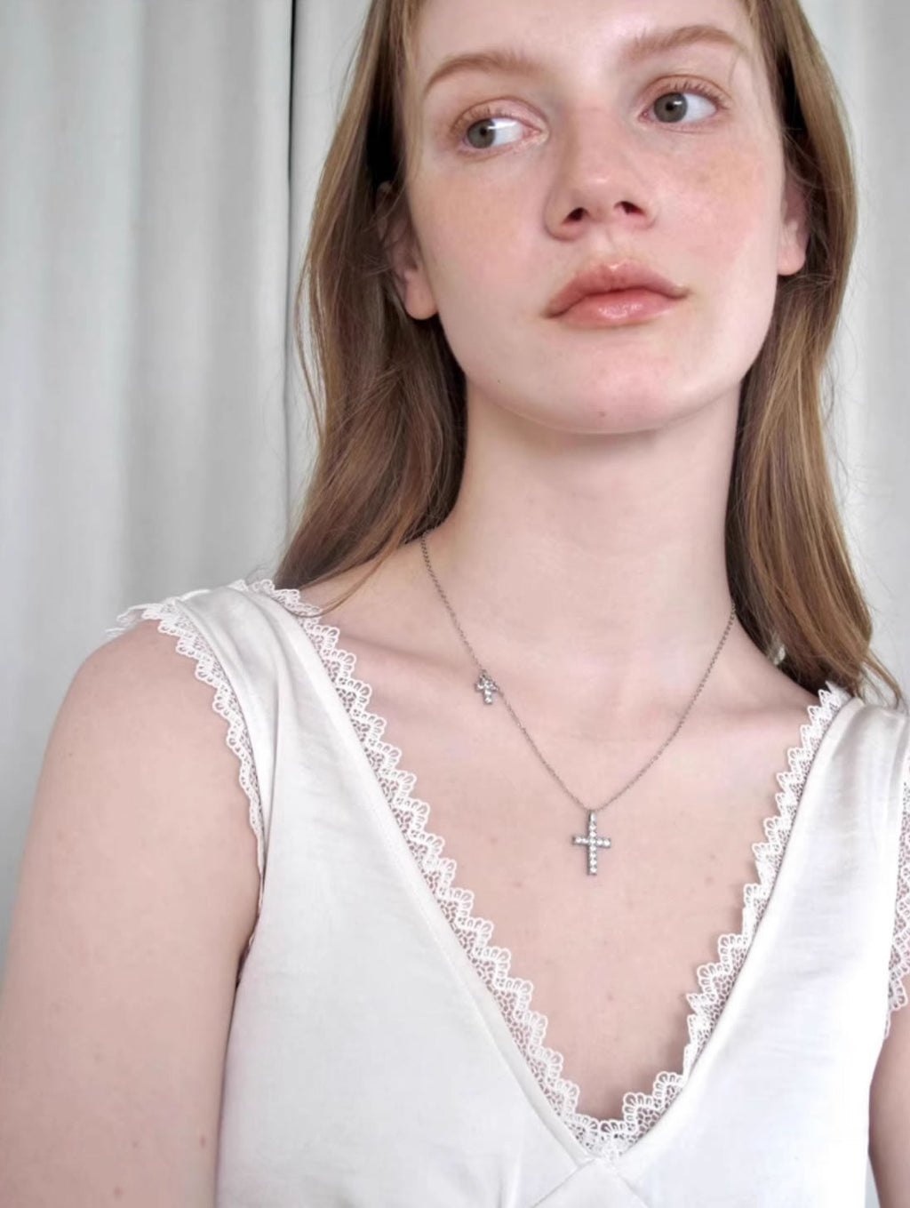 Minimalist Rhinestone Gothic Cross Pendant Layered Necklace
 [ID:0039AC]