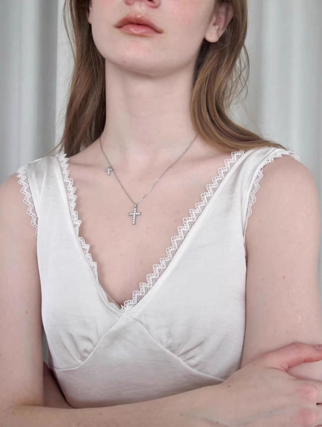 Minimalist Rhinestone Gothic Cross Pendant Layered Necklace
 [ID:0039AC]