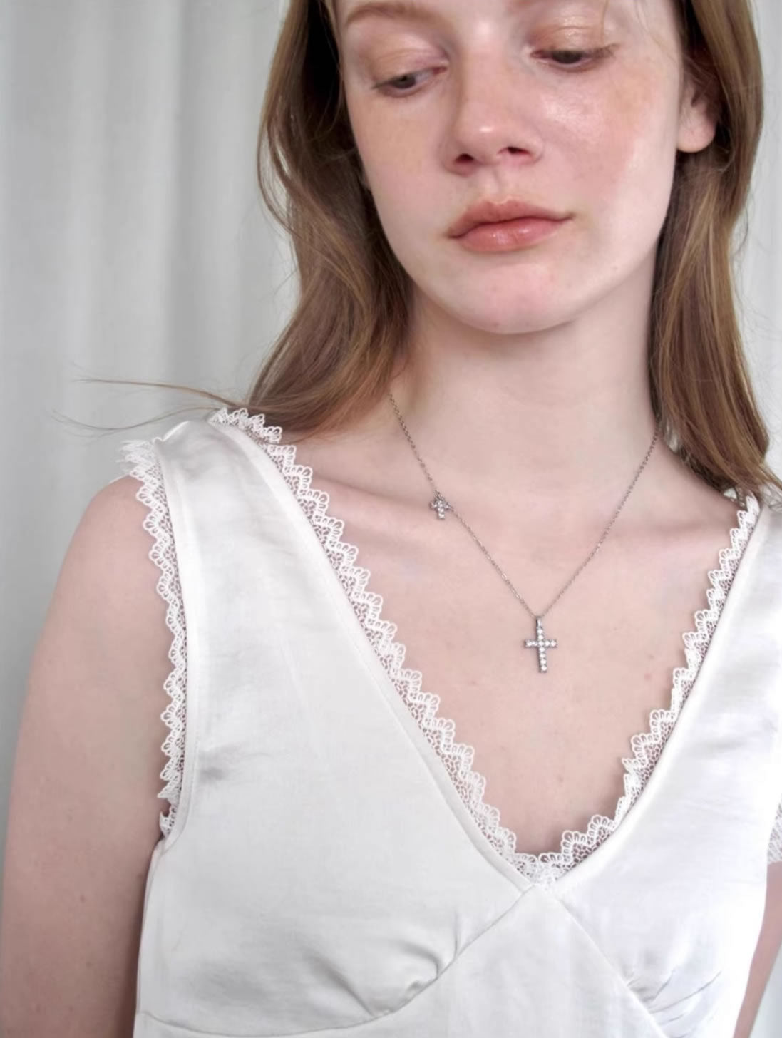 Minimalist Rhinestone Gothic Cross Pendant Layered Necklace
 [ID:0039AC]