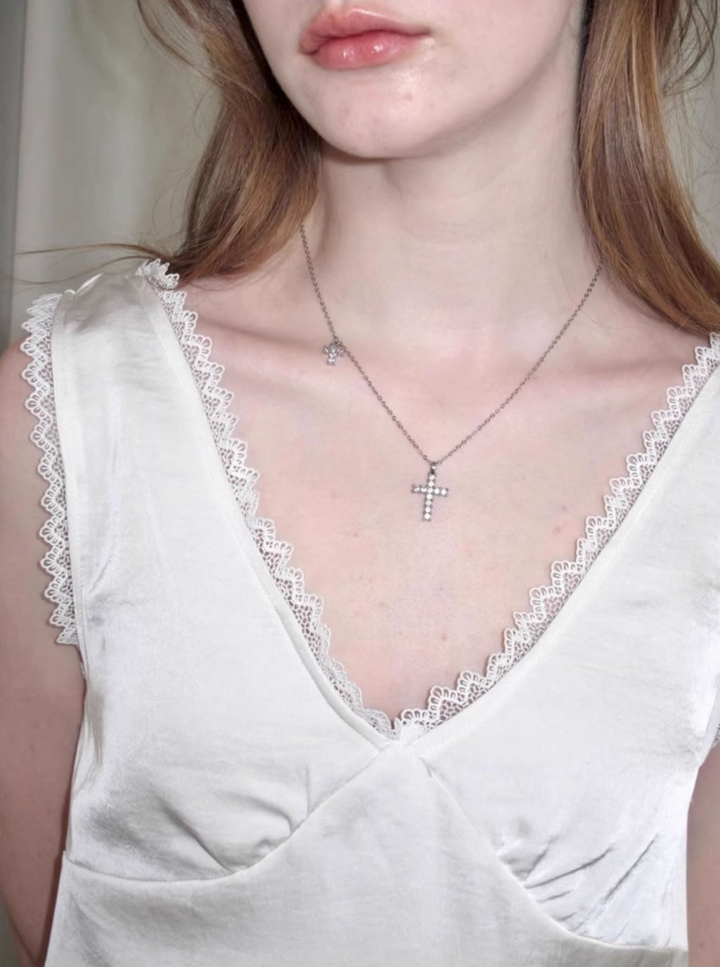 Minimalist Rhinestone Gothic Cross Pendant Layered Necklace
 [ID:0039AC]