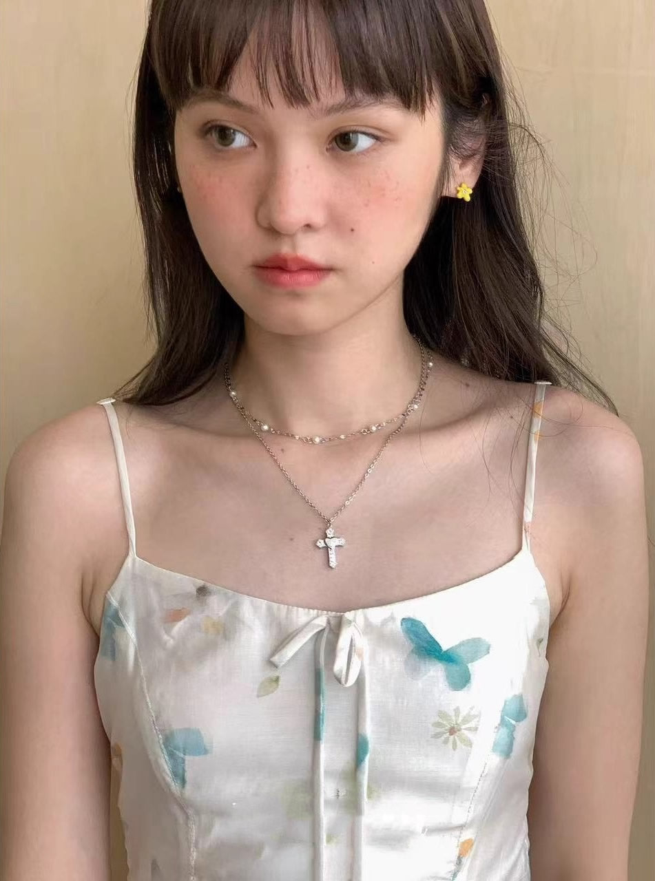 Cross Meteor Pearl Double Layer Choker Necklace
 [ID:0044AC]