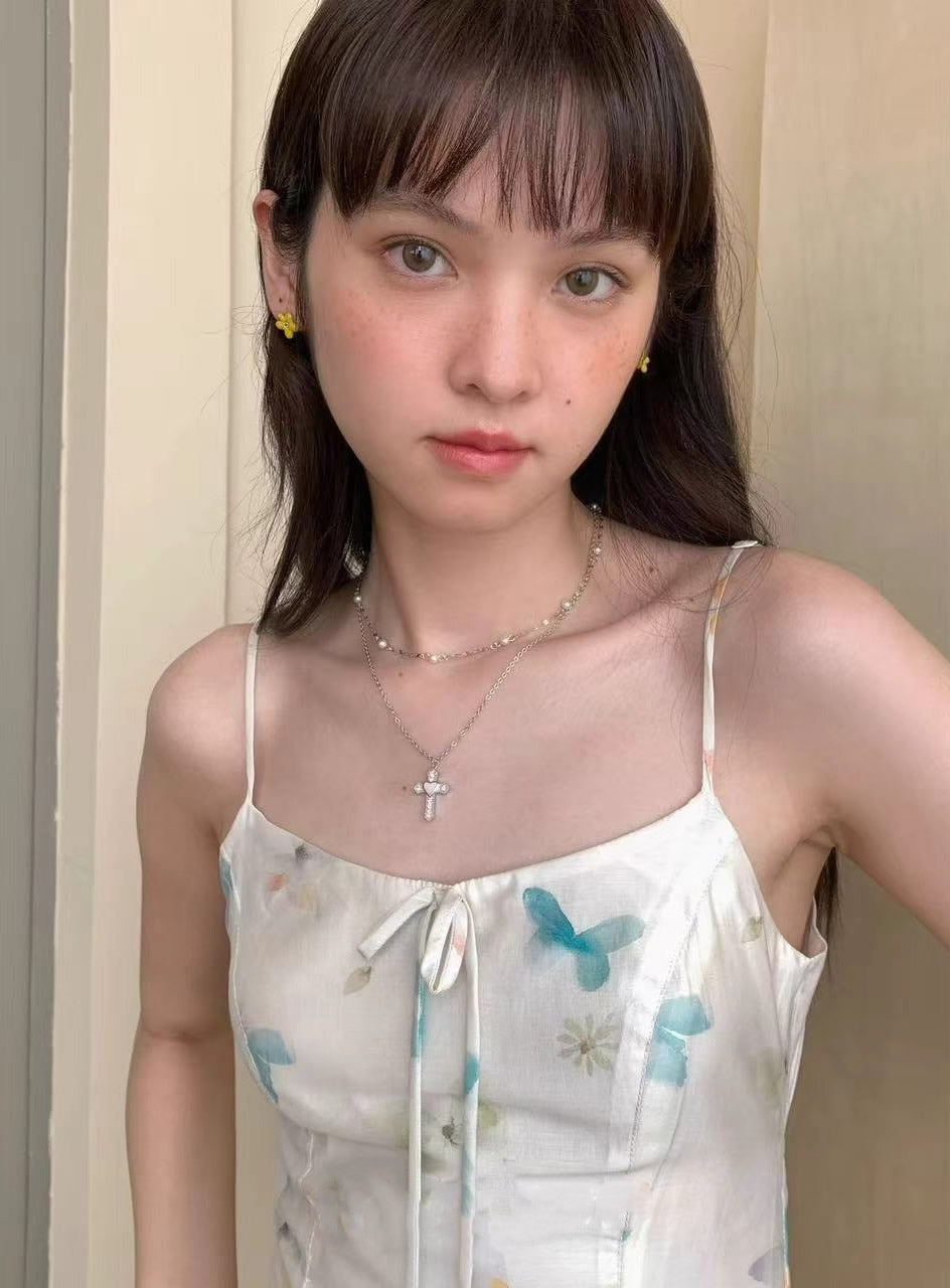 Cross Meteor Pearl Double Layer Choker Necklace
 [ID:0044AC]