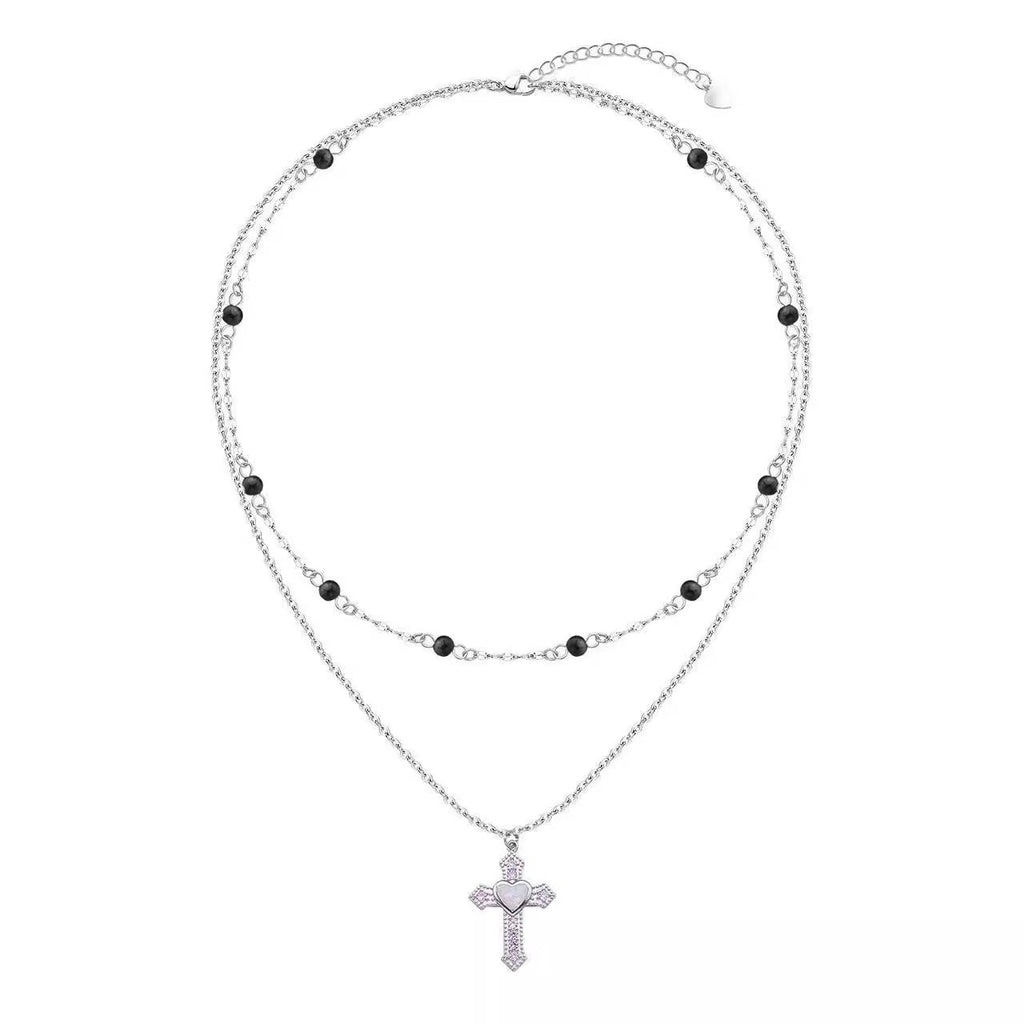 Cross Meteor Pearl Double Layer Choker Necklace
 [ID:0044AC]