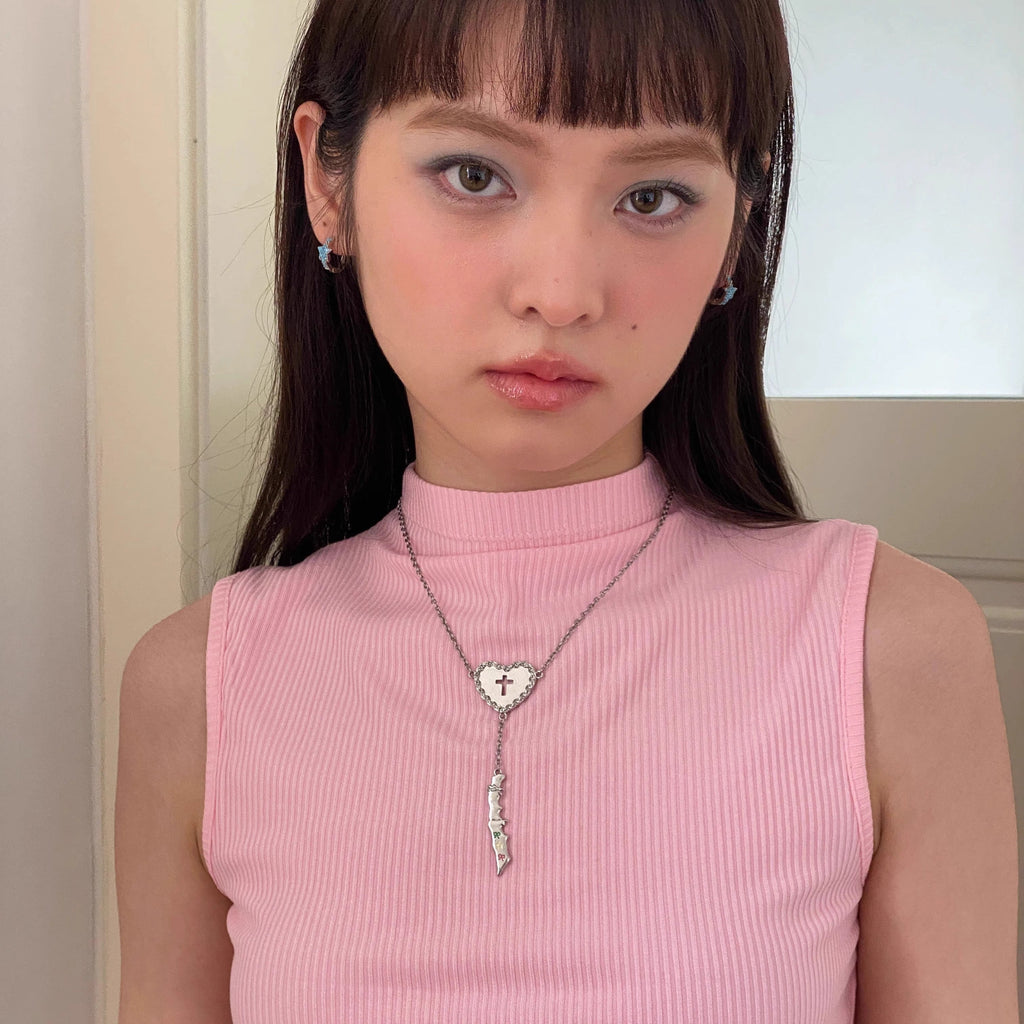 Y2K Heart Cross Knife Pendant Color Painted Choker Necklace
 [ID:0045AC]