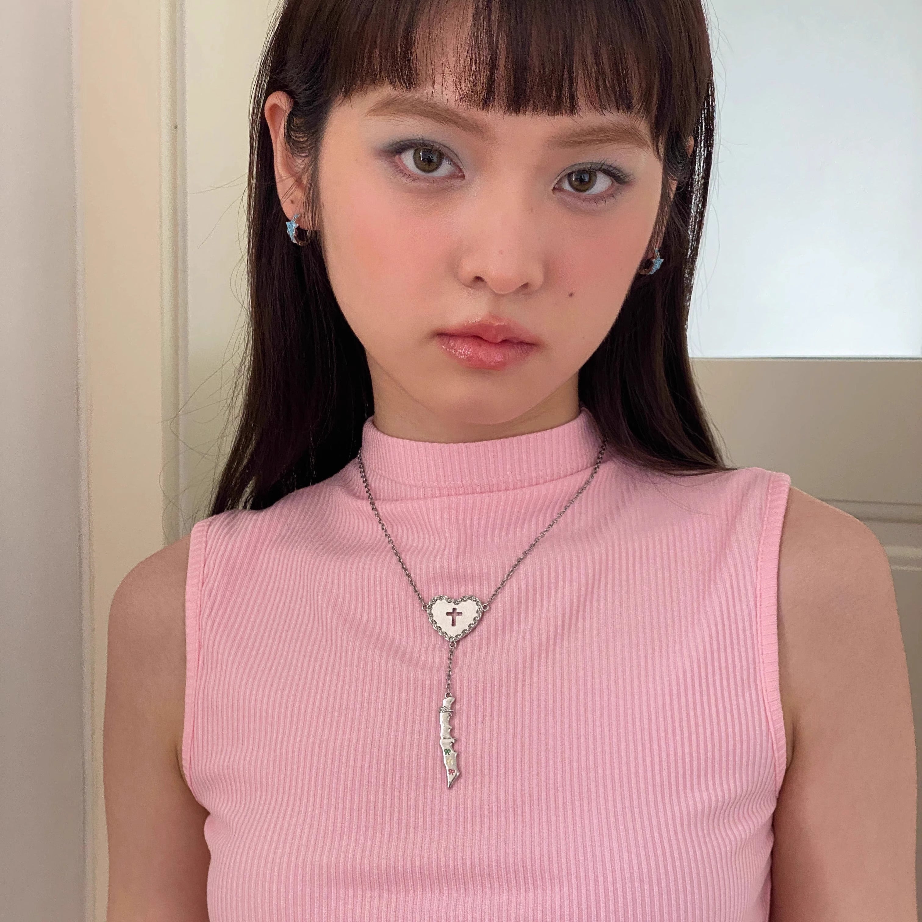 Y2K Heart Cross Knife Pendant Color Painted Choker Necklace
 [ID:0045AC]