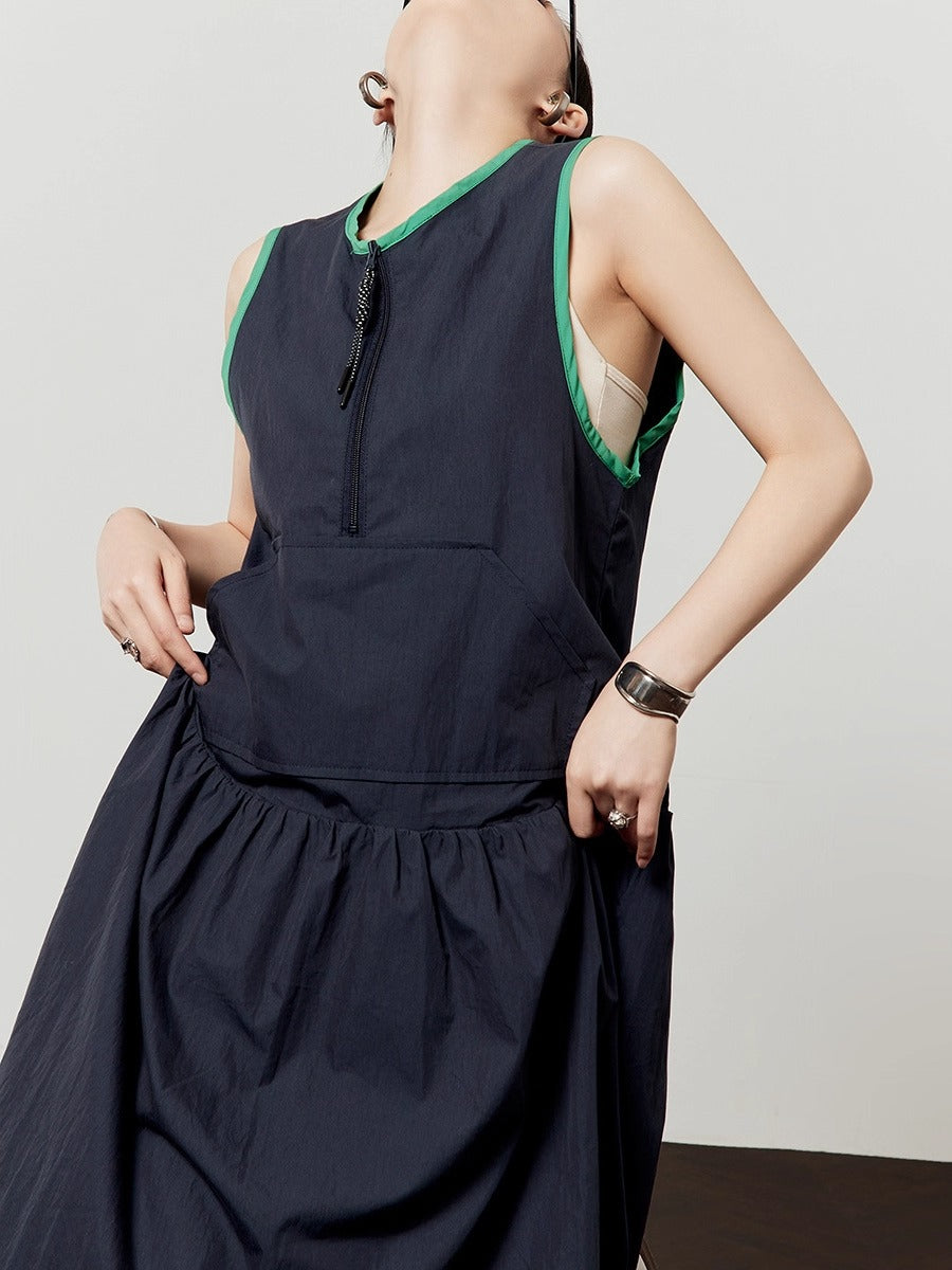 Casual Style Navy Color Block Sleeveless Summer Dress
 [ID:0047OP]