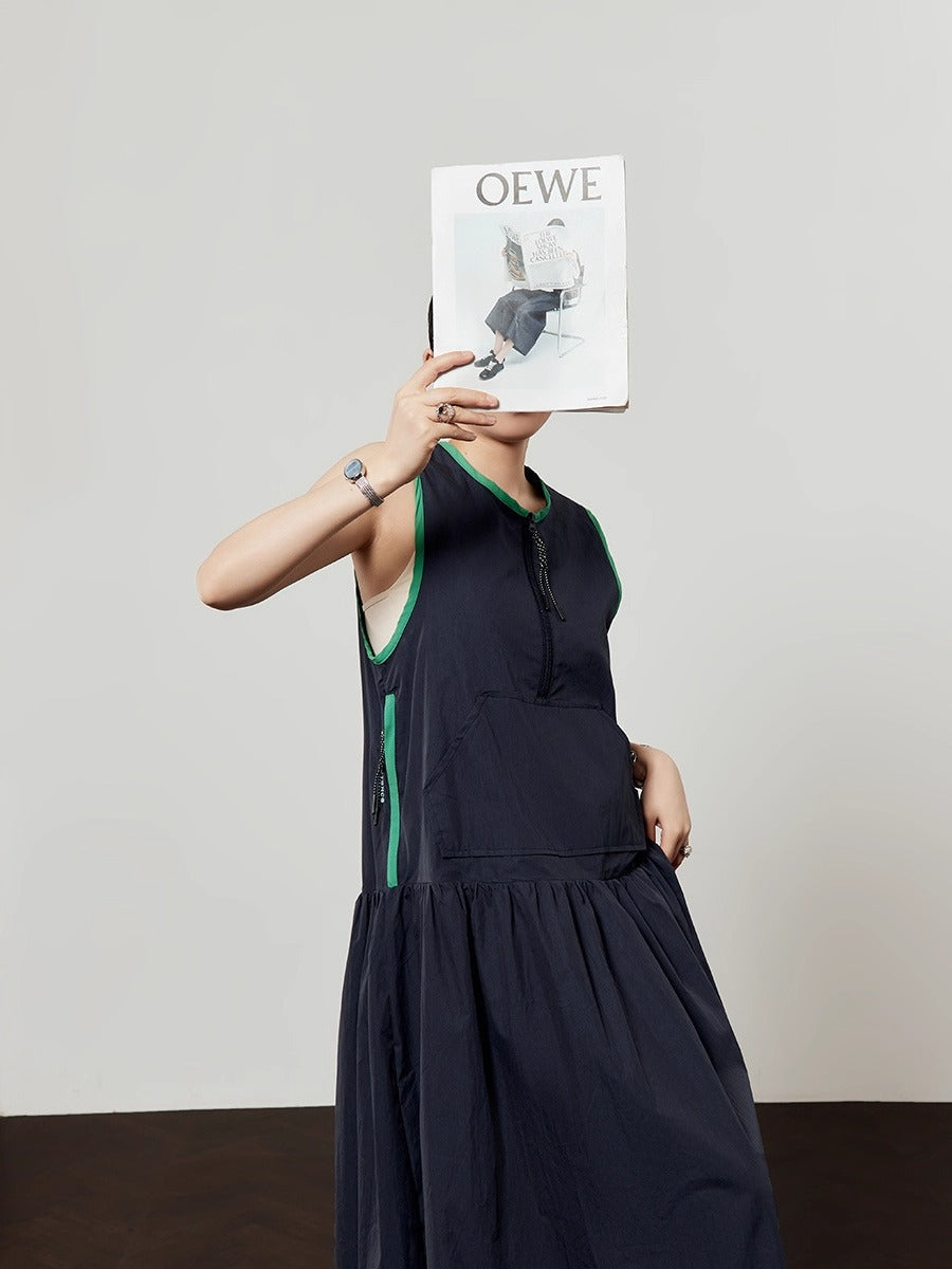 Casual Style Navy Color Block Sleeveless Summer Dress
 [ID:0047OP]