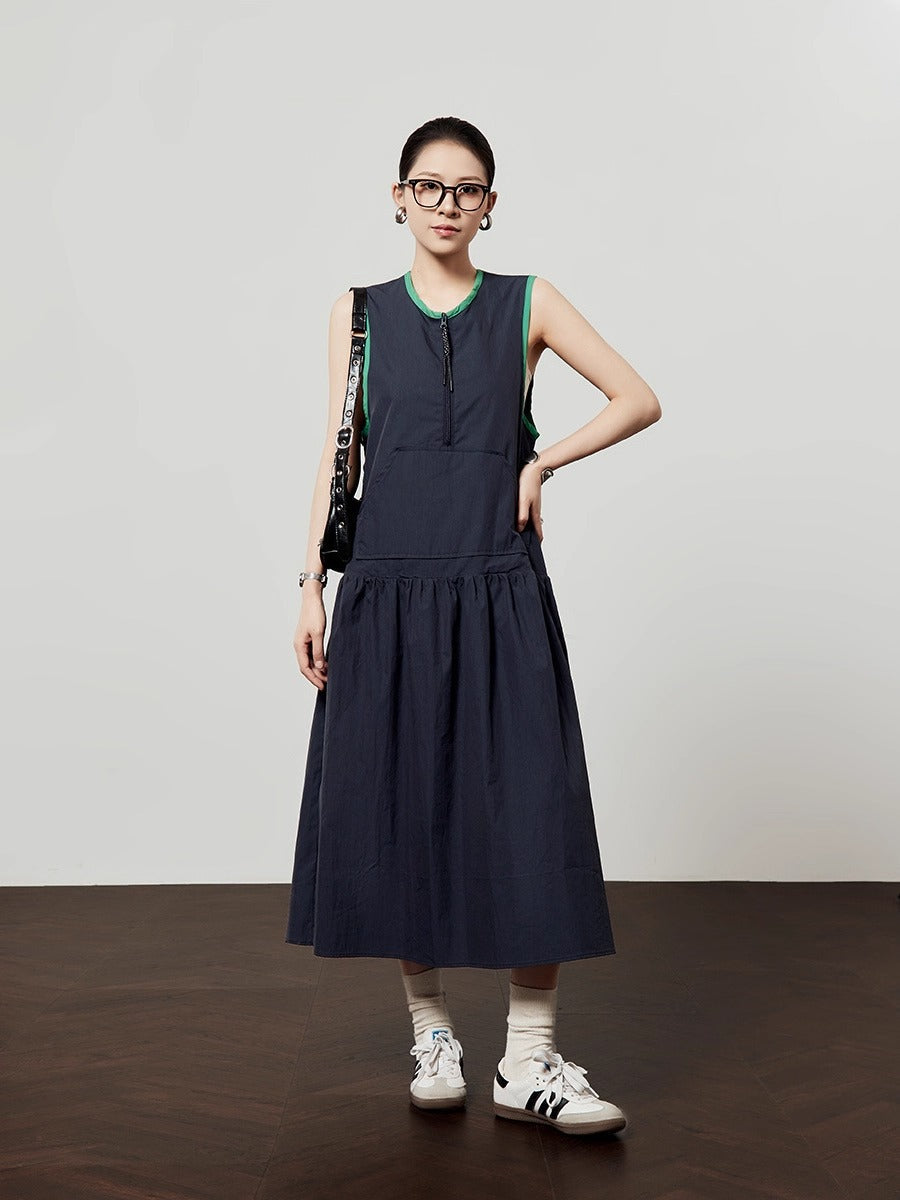 Casual Style Navy Color Block Sleeveless Summer Dress
 [ID:0047OP]