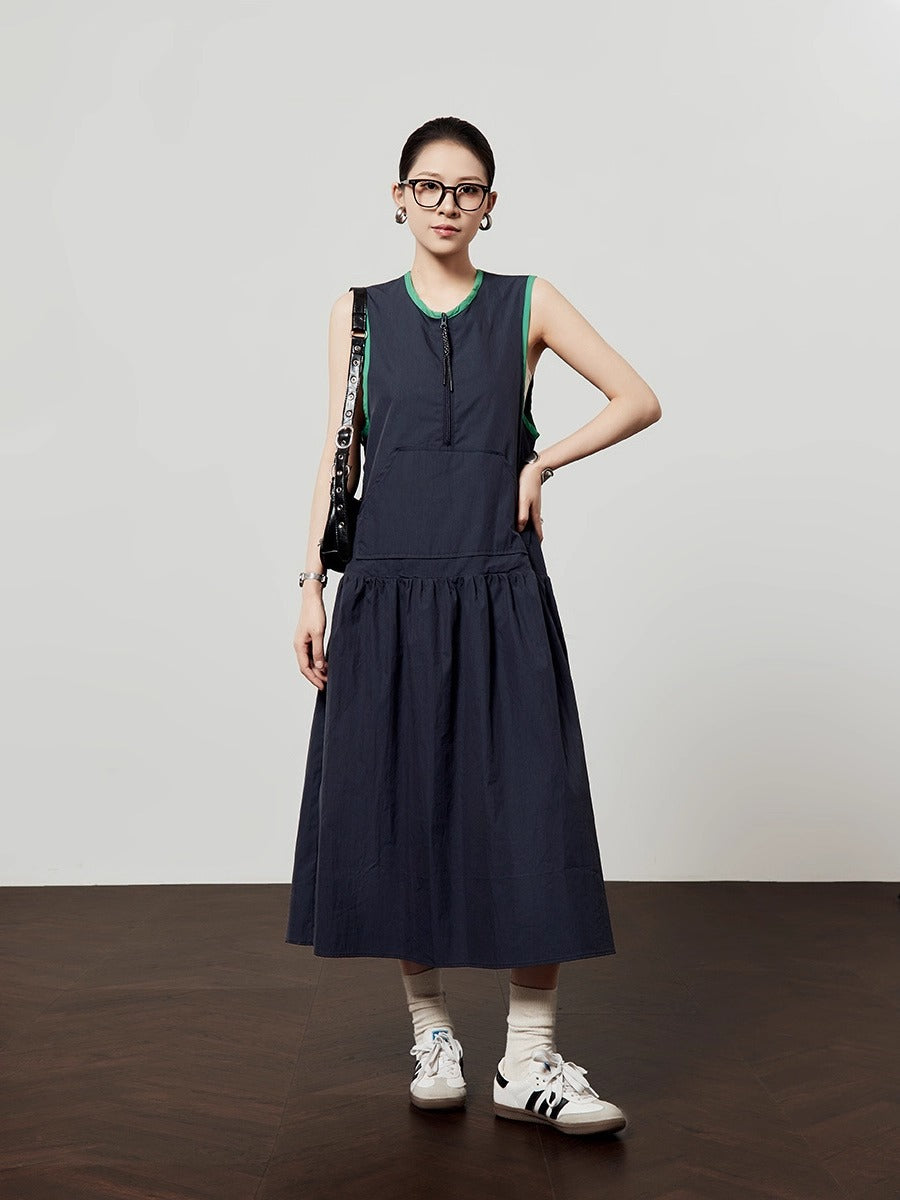 Casual Style Navy Color Block Sleeveless Summer Dress
 [ID:0047OP]