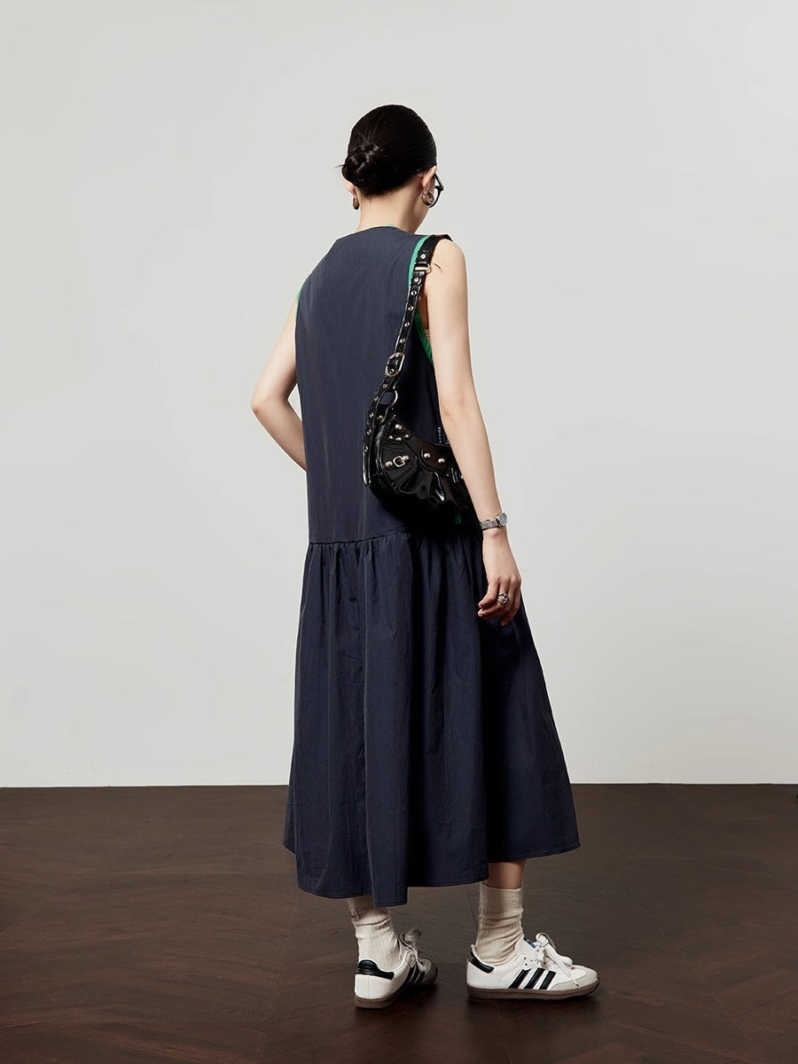 Casual Style Navy Color Block Sleeveless Summer Dress
 [ID:0047OP]