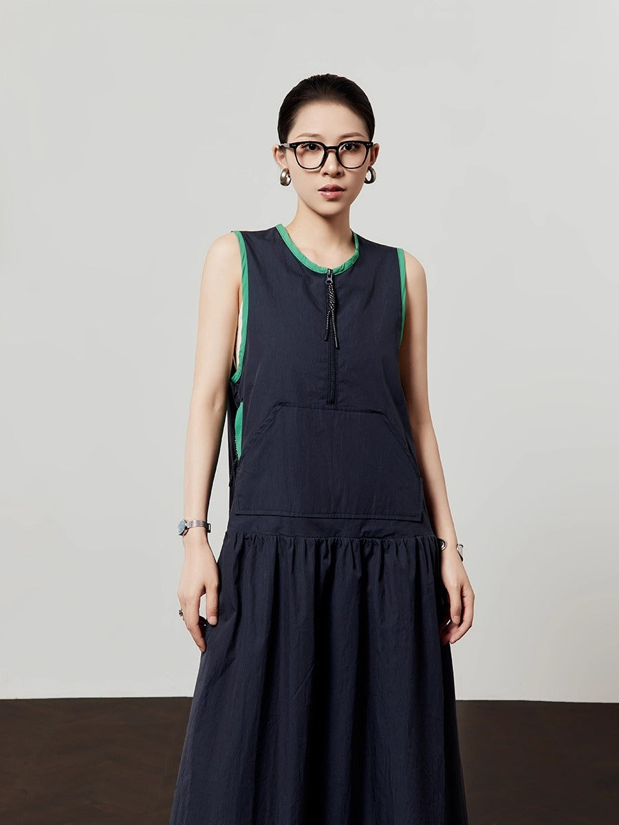 Casual Style Navy Color Block Sleeveless Summer Dress
 [ID:0047OP]