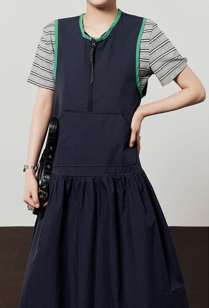 Casual Style Navy Color Block Sleeveless Summer Dress
 [ID:0047OP]