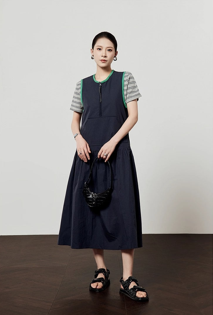 Casual Style Navy Color Block Sleeveless Summer Dress
 [ID:0047OP]
