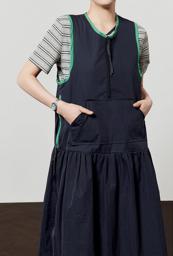 Casual Style Navy Color Block Sleeveless Summer Dress
 [ID:0047OP]