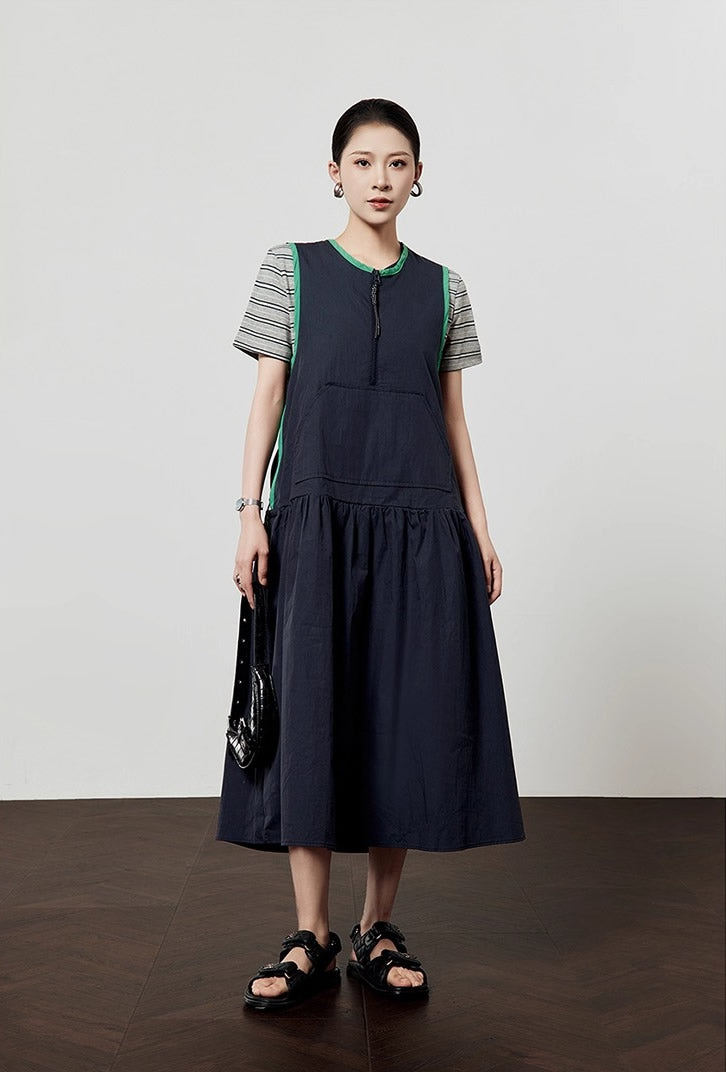 Casual Style Navy Color Block Sleeveless Summer Dress
 [ID:0047OP]
