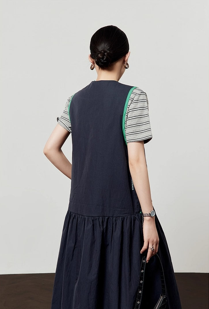 Casual Style Navy Color Block Sleeveless Summer Dress
 [ID:0047OP]