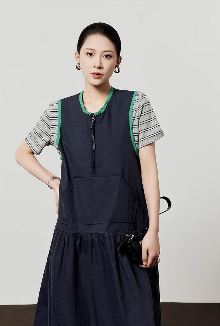 Casual Style Navy Color Block Sleeveless Summer Dress
 [ID:0047OP]