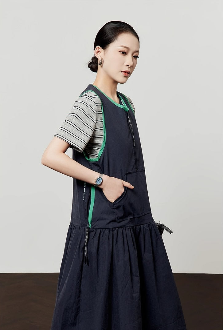 Casual Style Navy Color Block Sleeveless Summer Dress
 [ID:0047OP]