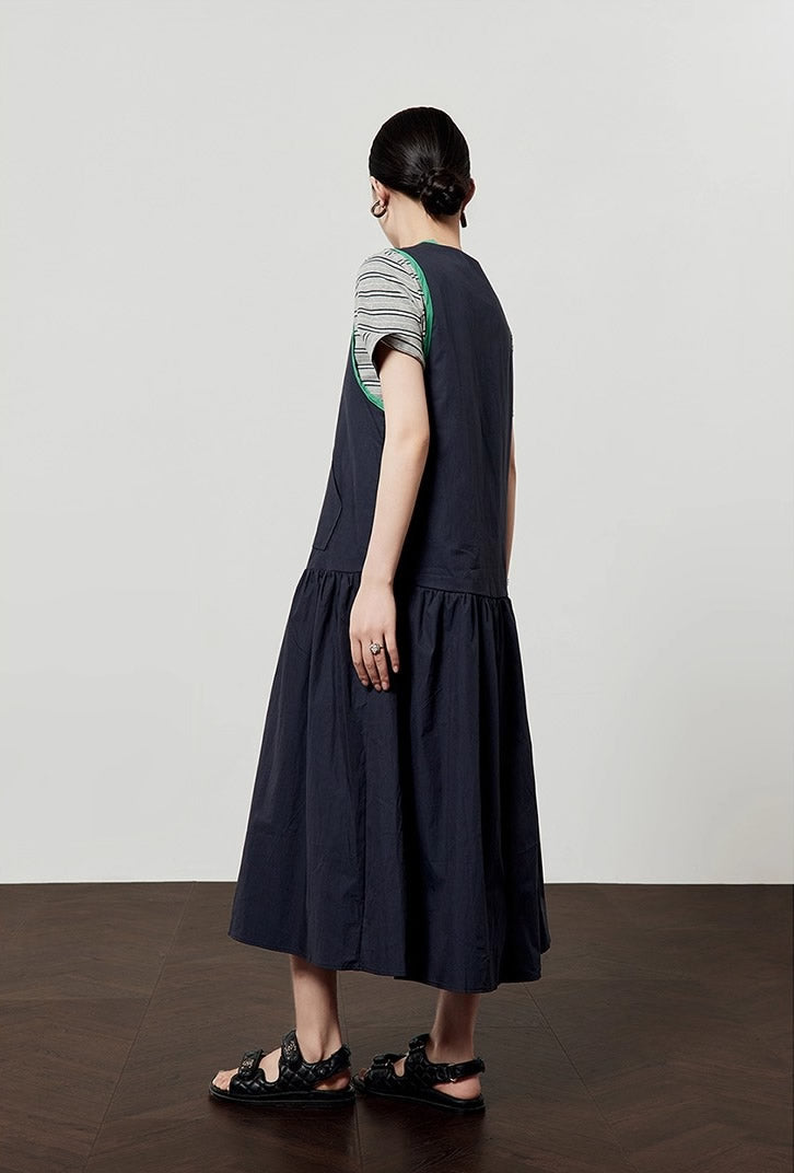 Casual Style Navy Color Block Sleeveless Summer Dress
 [ID:0047OP]