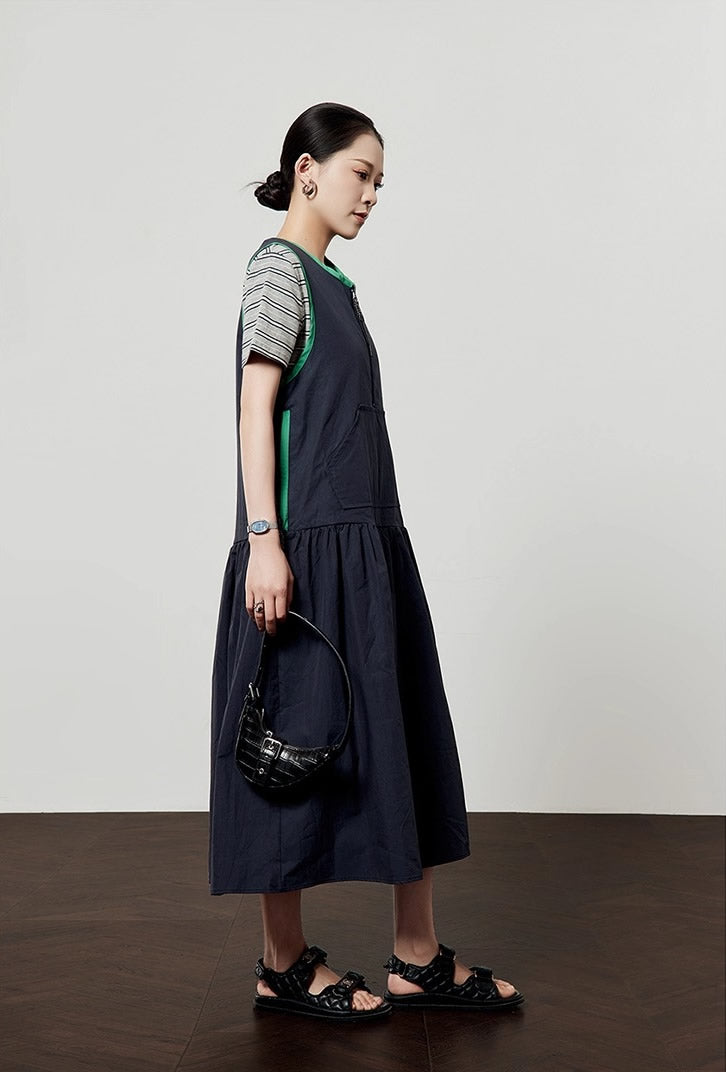 Casual Style Navy Color Block Sleeveless Summer Dress
 [ID:0047OP]