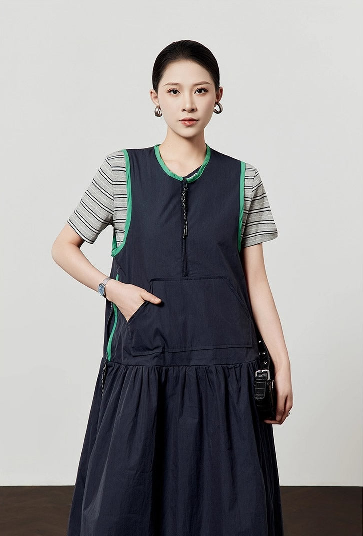 Casual Style Navy Color Block Sleeveless Summer Dress
 [ID:0047OP]