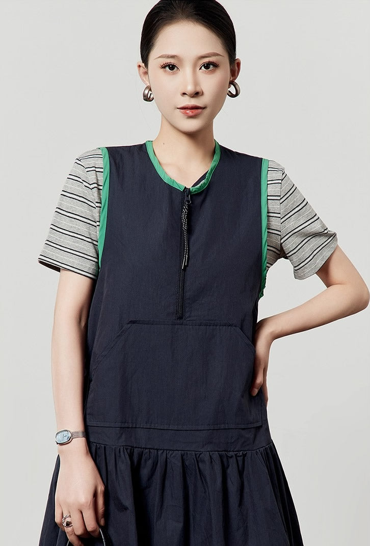 Casual Style Navy Color Block Sleeveless Summer Dress
 [ID:0047OP]