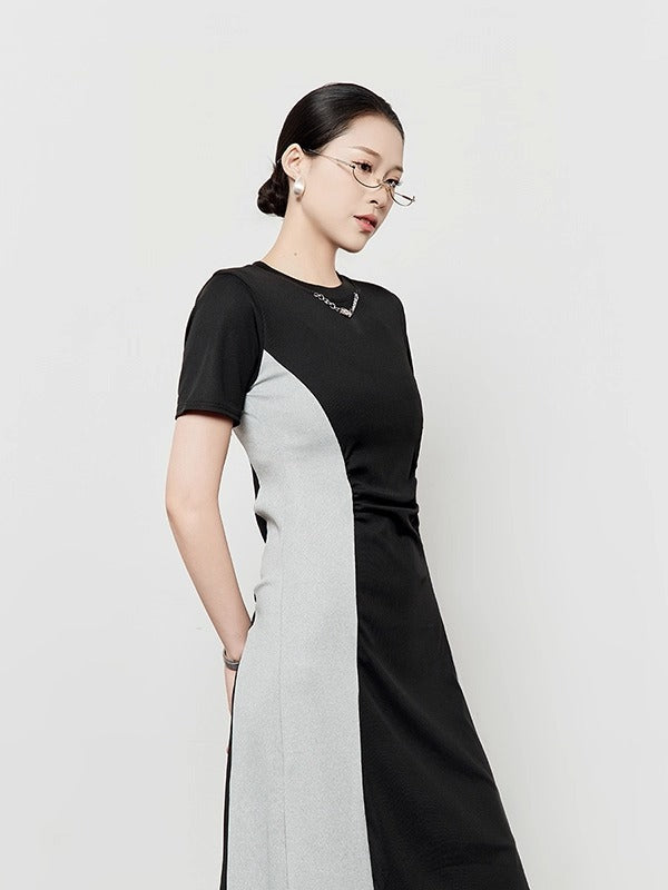 Artistic Color Block Waist T-Shirt Style Elegant Summer Dress
 [ID:0048OP]
