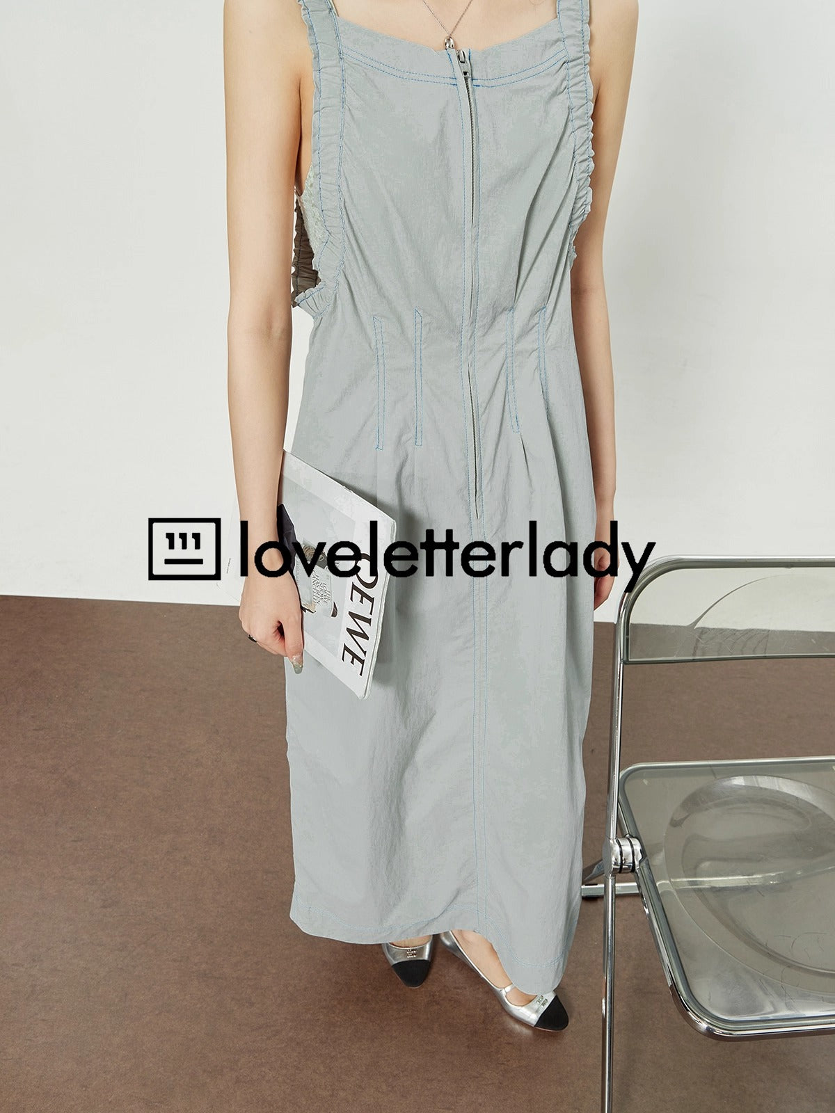 Light Gray Stitch Pleated Utility Style Summer Casual Dress
 [ID:0049OP]