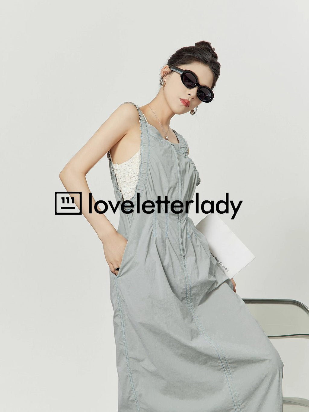 Light Gray Stitch Pleated Utility Style Summer Casual Dress
 [ID:0049OP]