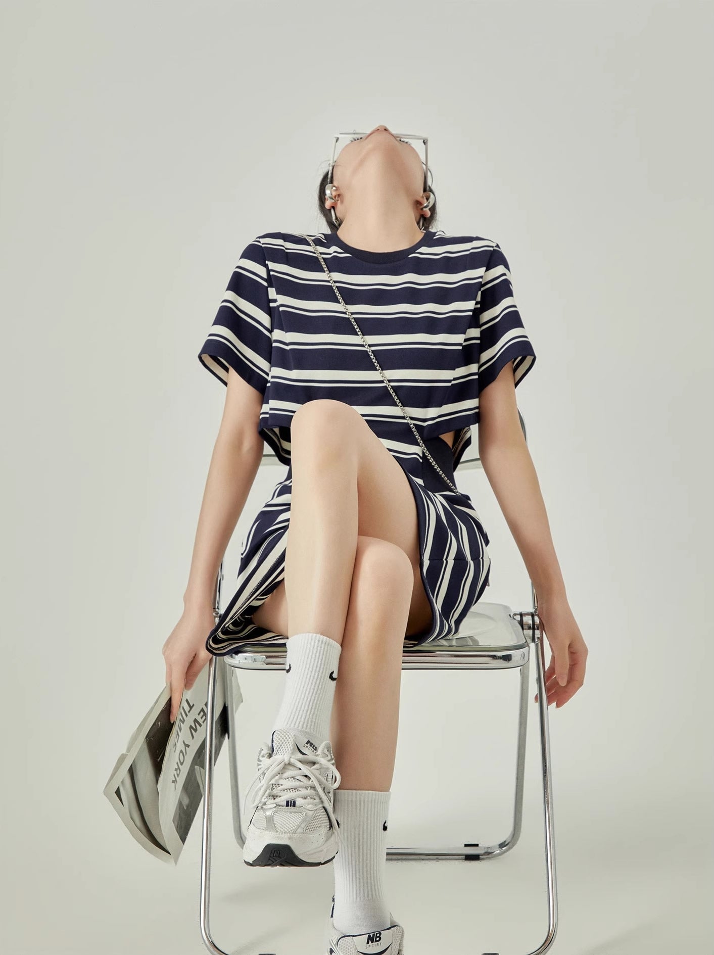 Striped Cutout Waist Slim Fit T-Shirt Style Summer Dress

 [ID:0050OP]