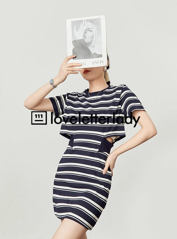 Striped Cutout Waist Slim Fit T-Shirt Style Summer Dress

 [ID:0050OP]