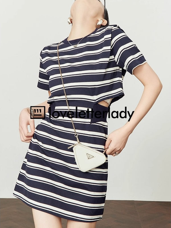 Striped Cutout Waist Slim Fit T-Shirt Style Summer Dress

 [ID:0050OP]