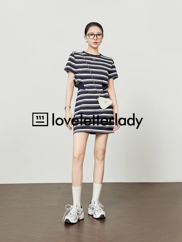Striped Cutout Waist Slim Fit T-Shirt Style Summer Dress

 [ID:0050OP]