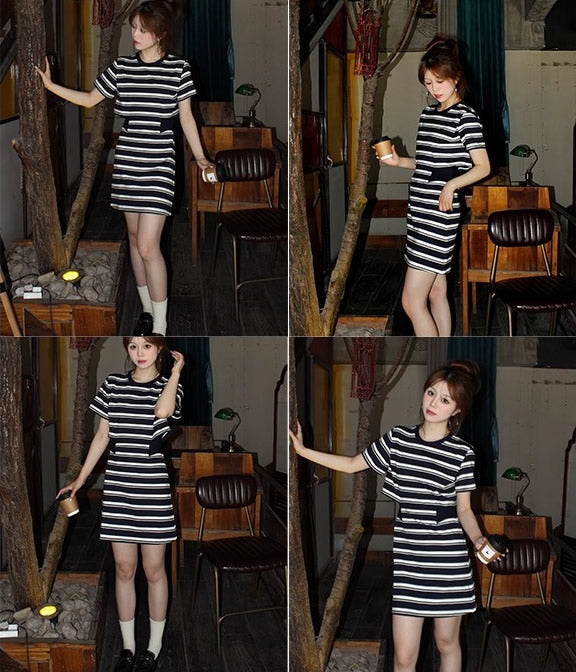 Striped Cutout Waist Slim Fit T-Shirt Style Summer Dress

 [ID:0050OP]