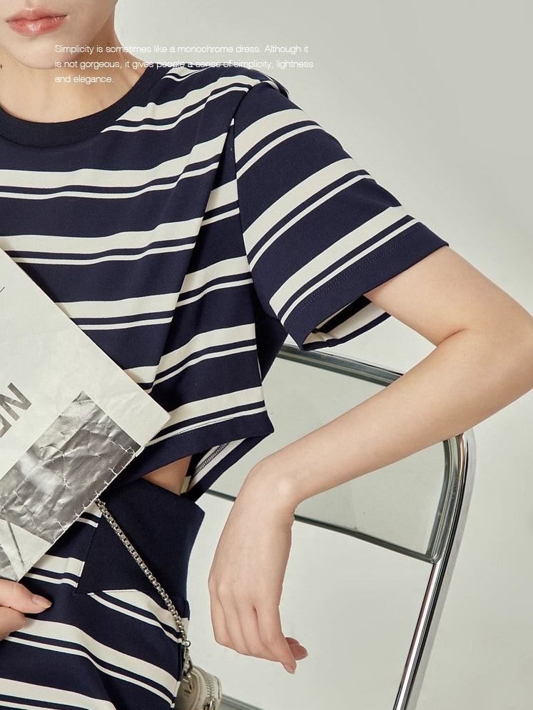 Striped Cutout Waist Slim Fit T-Shirt Style Summer Dress

 [ID:0050OP]
