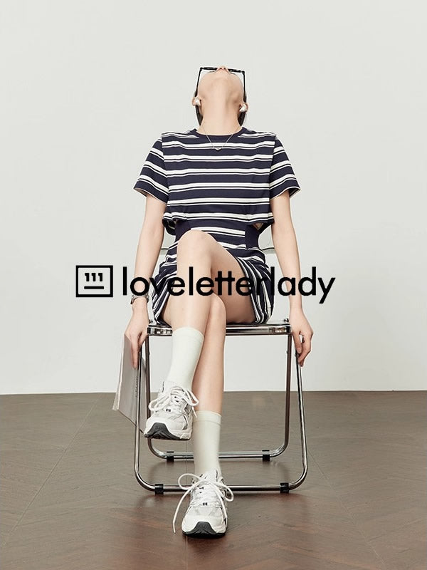 Striped Cutout Waist Slim Fit T-Shirt Style Summer Dress

 [ID:0050OP]