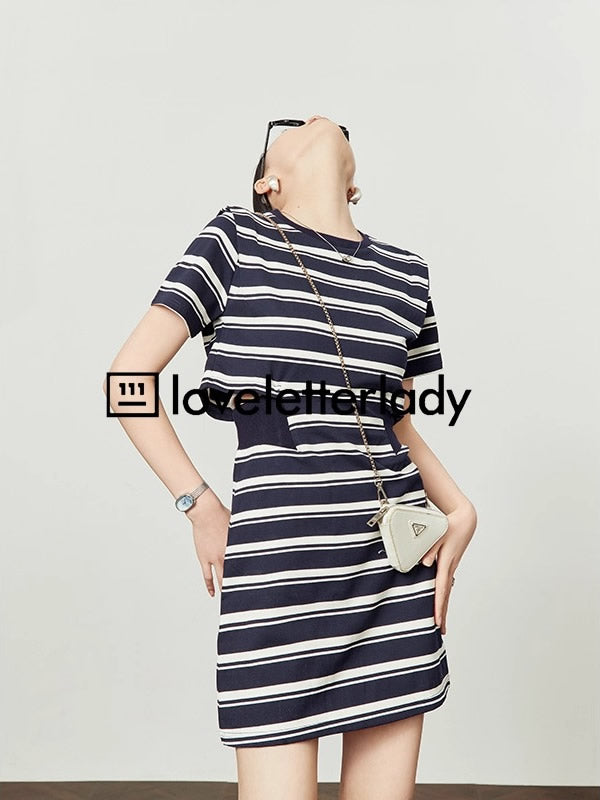 Striped Cutout Waist Slim Fit T-Shirt Style Summer Dress

 [ID:0050OP]