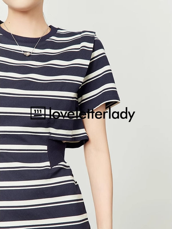 Striped Cutout Waist Slim Fit T-Shirt Style Summer Dress

 [ID:0050OP]