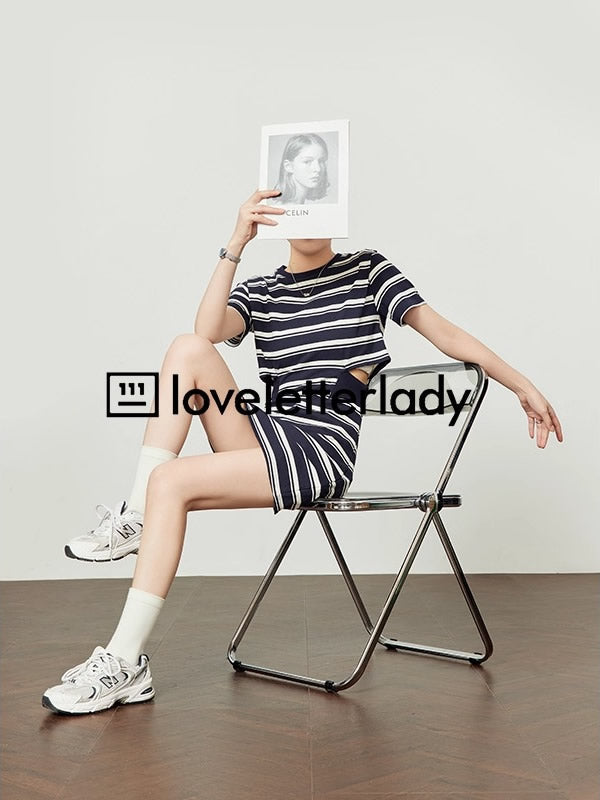 Striped Cutout Waist Slim Fit T-Shirt Style Summer Dress

 [ID:0050OP]