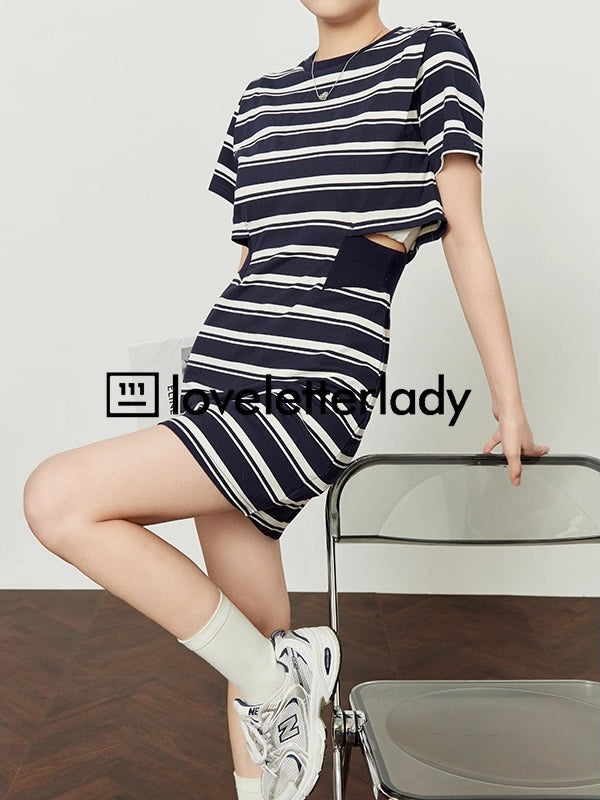 Striped Cutout Waist Slim Fit T-Shirt Style Summer Dress

 [ID:0050OP]