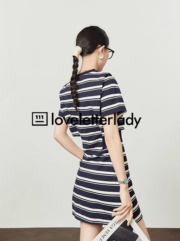 Striped Cutout Waist Slim Fit T-Shirt Style Summer Dress

 [ID:0050OP]