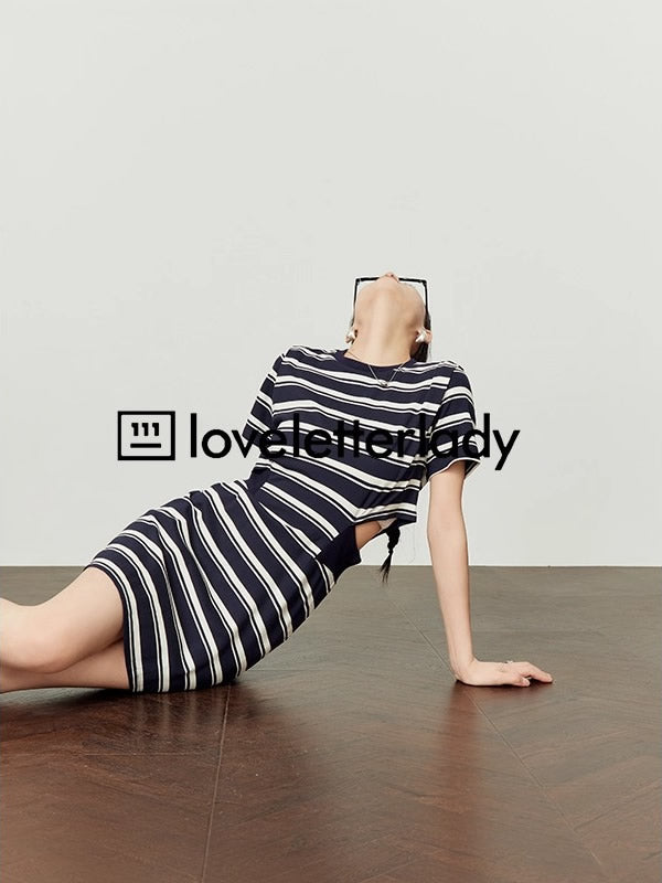 Striped Cutout Waist Slim Fit T-Shirt Style Summer Dress

 [ID:0050OP]