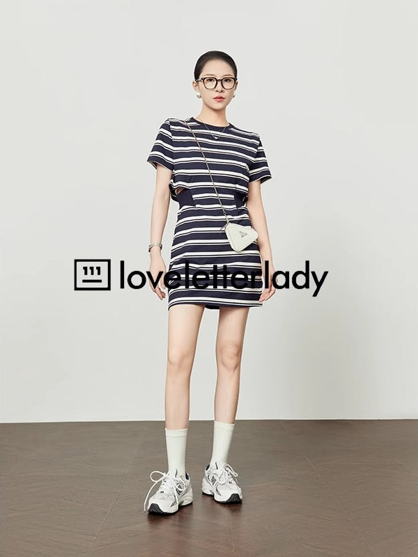 Striped Cutout Waist Slim Fit T-Shirt Style Summer Dress

 [ID:0050OP]
